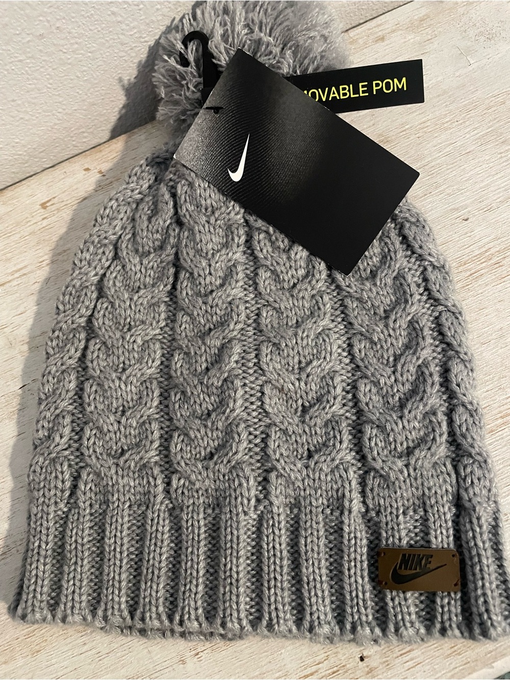 Nike Women's Light Gray Cable-Knit Beanie with Pom